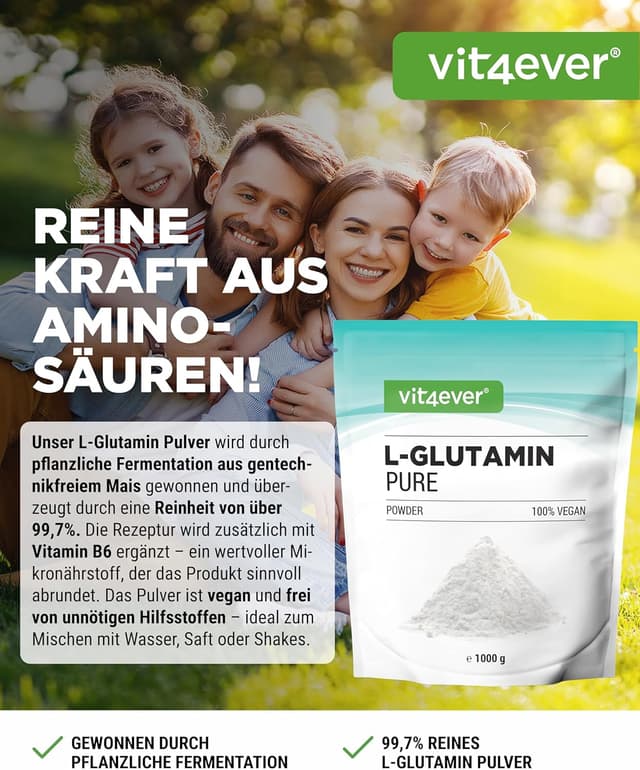 Detalle 2 de vit4ever L-Glutamin Pulver (1000 g) – hochdosierte vegane Aminosäure aus pflanzlicher Fermentation