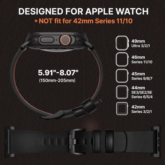 Detalle 2 de Bandletic Genuine Leather Straps with 316L Stainless Steel Connector for Apple Watch Ultra 3/2/1 & Series 11–3 (49–42mm)