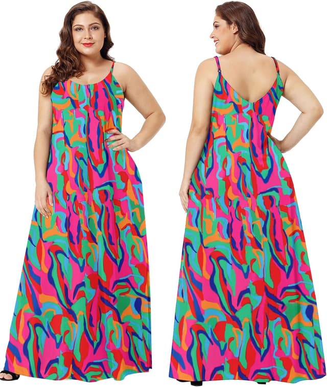 Detalle de Wolddress Women’s Maxi Dress with Pockets (2026) – Adjustable Spaghetti Strap Plus Size