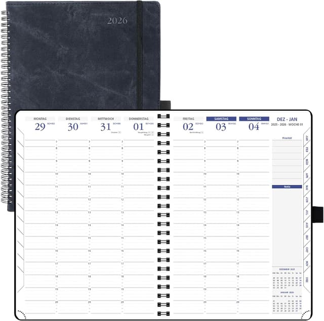 Detalle de POPRUN Terminplaner 2026 A4 Ringbuch – Wochenplan mit 15-Minuten-Taktung & Monatsregister (Deutsch, Schwarz)