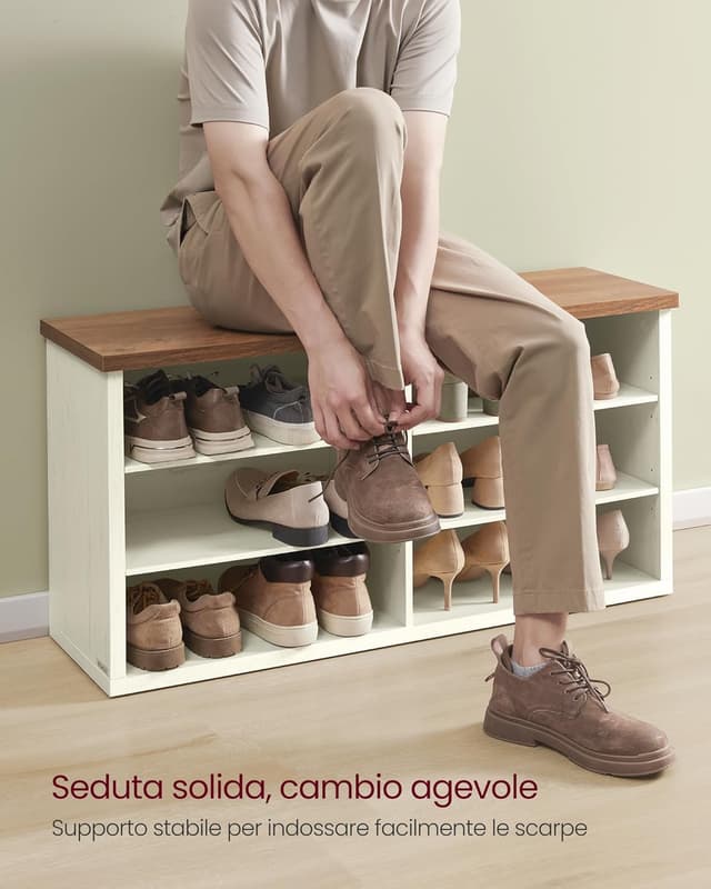 Detalle 2 de VASAGLE Panca scarpiera LSB036W02 con 6 scomparti e 6 ripiani regolabili, 100 cm, bianco vintage e marrone miele