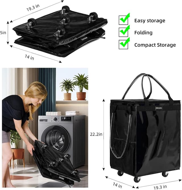 Detalle de (Large, Black) Reusable Rolling Grocery Bag on 5 Wheels with Zipper, 72L Foldable Tote