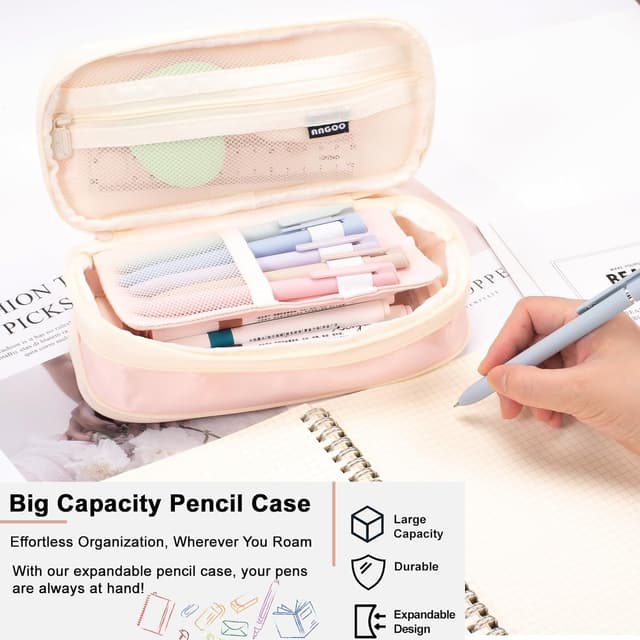 Detalle de Vinuwu Big Capacity Pencil Case for Girls with Zip, Expandable Nylon Pencil Pouch (Pink)