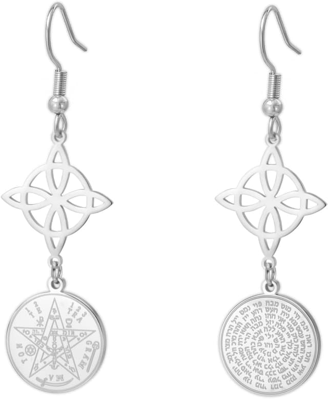 Detalle de Dreamtimes Hexenknoten-Ohrringe mit Tetragrammaton- und Pentagramm-Anhänger aus Edelstahl