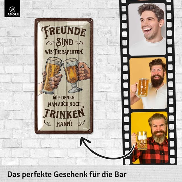 Detalle 2 de LANOLU Retro Blechschilder Bier „Beste Freunde sind wie Therapeuten“ (16x32 cm) – Bar- und Partykeller-Deko
