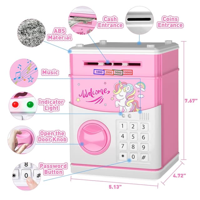 Detalle de JUNEU Unicorn Electronic Piggy Bank for Kids (Music, Money Rolling, Password Protection)