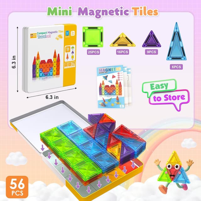 Detalle 2 de Mini Magnetic Tiles 56-piece travel magnetic building blocks with metal box (sensory construction toy for ages 3+)