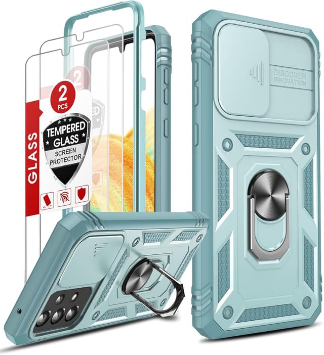 Detalle de LeYi Military-Grade Case for Samsung Galaxy A33 5G (G-Green) with Slide Camera Cover, Ring Stand & Tempered Glass
