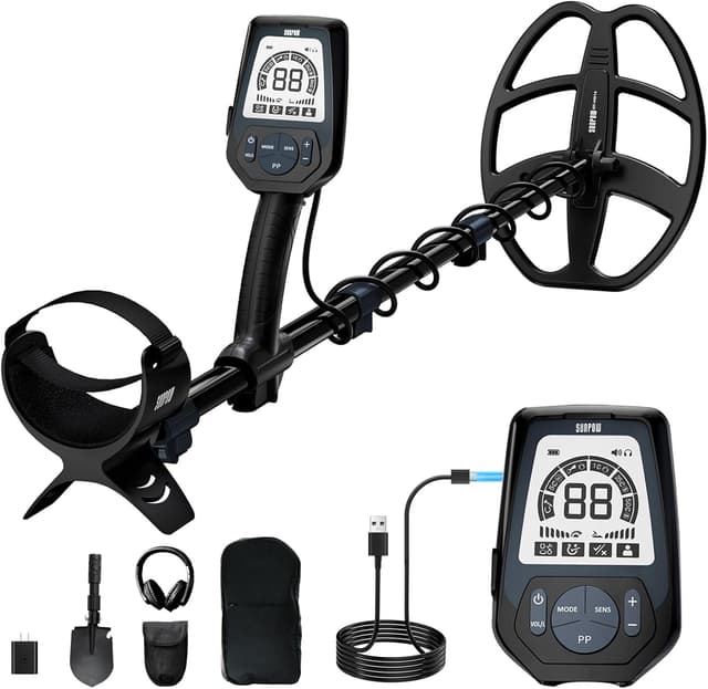 Detalle de SUNPOW Professional Rechargeable Metal Detector for Adults (11" Dual-D Coil, USB-C Fast Charge, IP68)