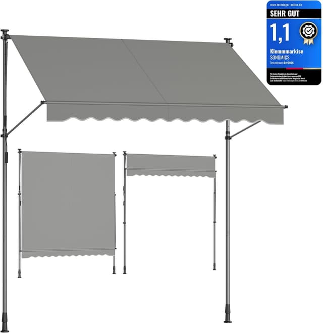 Detalle de SONGMICS Klemmmarkise für Balkon und Terrasse, höhenverstellbar mit Handkurbel, 250 x 120 cm, grau GSA252G01