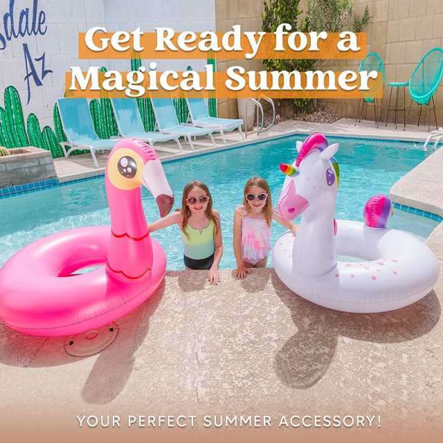 Thumbnail 6 de JOYIN 2er-Set aufblasbare Einhorn- und Flamingo-Luftmatratzen mit Glitzer – Pool- & Strandspielzeug (102 × 99 cm)