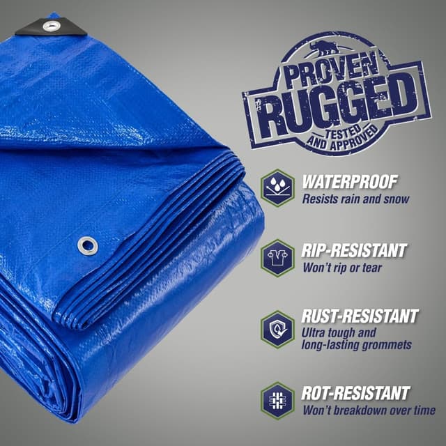 Detalle de RUGGED RHINO Heavy Duty Waterproof Tarp (10x10 ft, 5 Mil, Blue) with Reinforced Grommets & Corners
