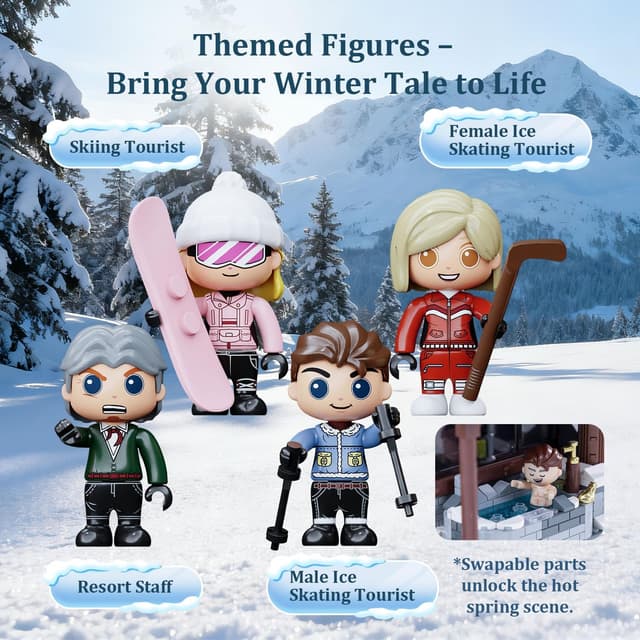 Detalle de PANTASY Winter Ski Lodge Bauset – 3-stöckige Alpenlodge mit Seilbahn, Eishöhle & Minifiguren