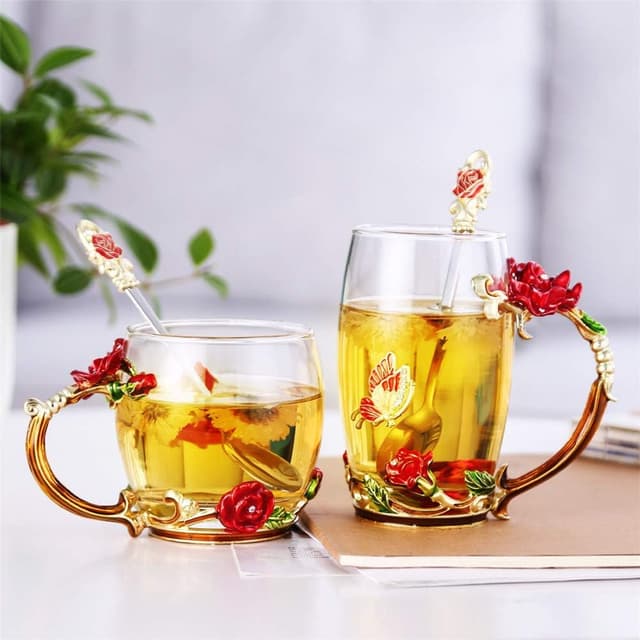 Detalle de Luka Tech Enamel Butterfly & Rose Lead-Free Glass Coffee Mug with Steel Spoon (Rose)