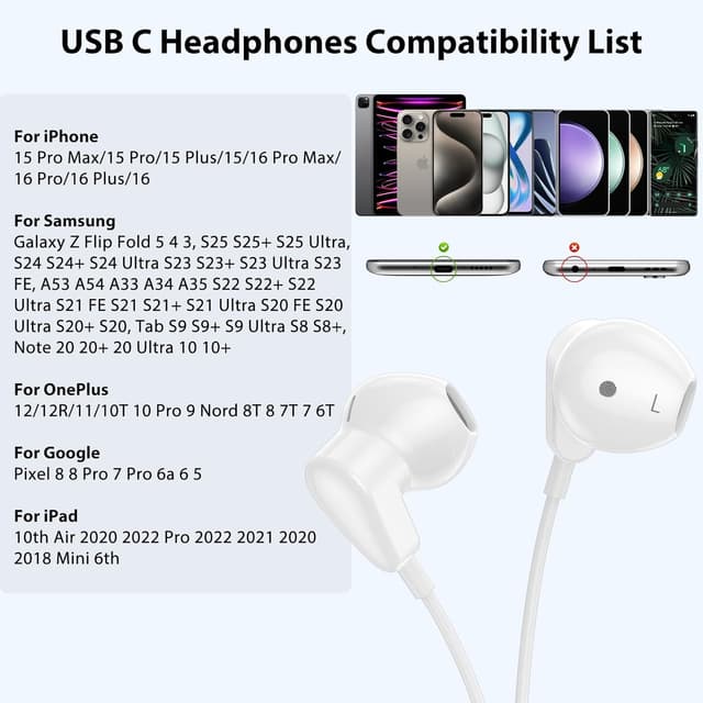 Detalle 2 de USB C Headphones for iPhone 15 Wired