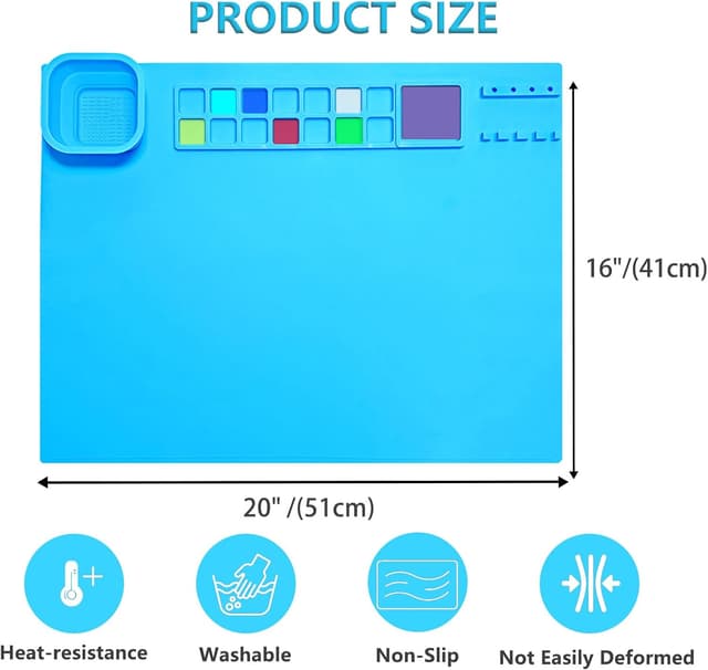 Detalle de TENQUAN Silikon-Bastelmatte 51 x 41 cm mit Becher – abwaschbare Antihaft-Unterlage zum Malen & Basteln (blau)