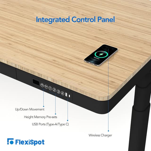 Detalle 1 de FLEXISPOT Q8B bureau assis-debout électrique 2 moteurs 3 colonnes avec plateau en bambou 140 x 70 cm et chargeurs USB (noir)