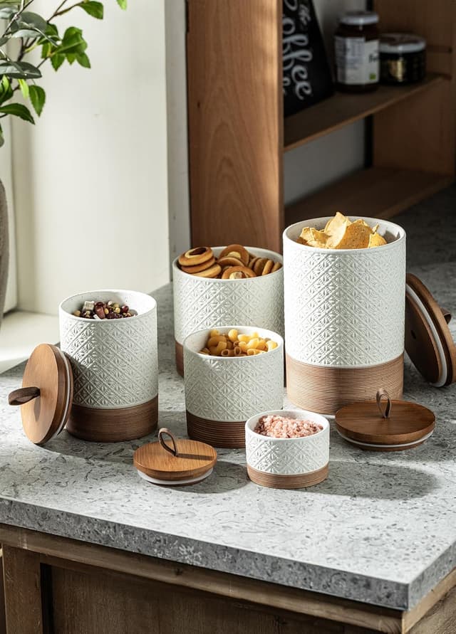 Thumbnail 6 de Miamolo Large Ceramic Coffee Canister with Airtight Wooden Lid (28 fl. oz), Stackable White Storage Jars