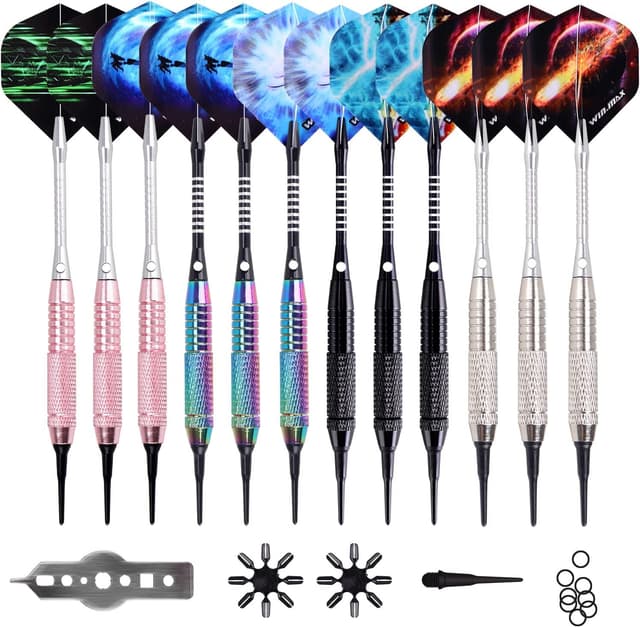 Detalle de Win.Max Dartpfeile mit Kunststoffspitze für elektronische Dartscheibe – Soft Darts Set (12 Stück, 18 g)