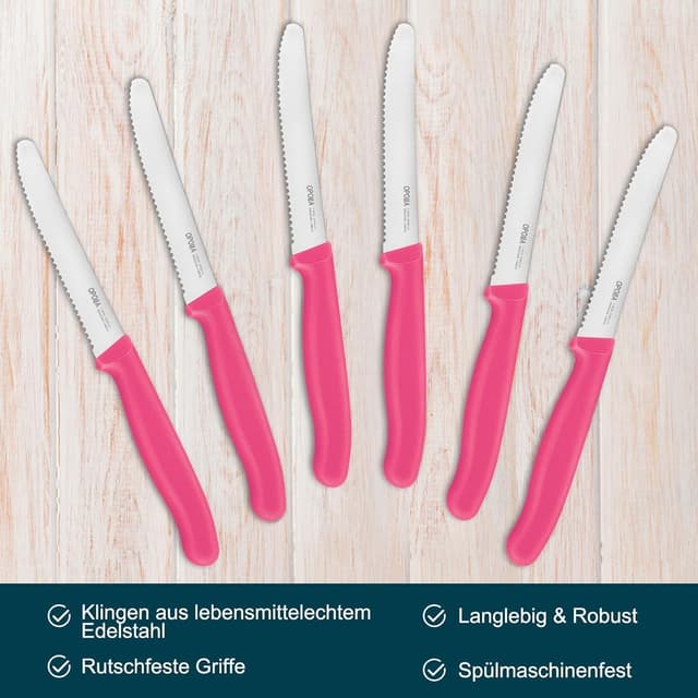 Detalle de OPOLIA Tafelmesser-Set (12-teilig) mit Wellenschliff – Frühstücks-, Brötchen- und Tomatenmesser in Pink