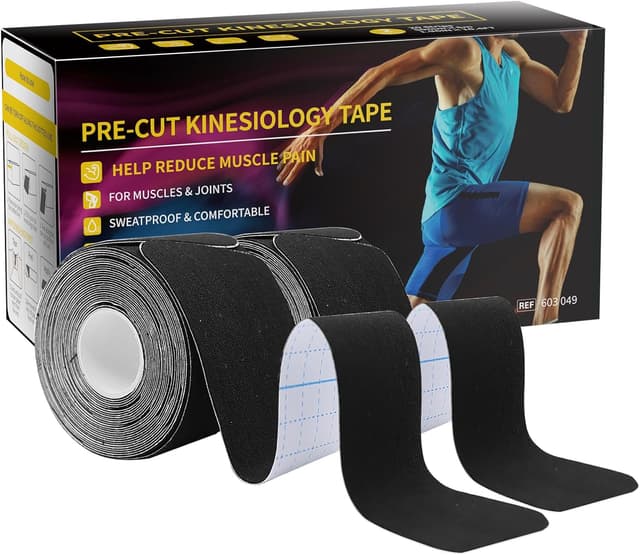 Detalle de Dimora Kinesiology Tape 5 cm x 5 m (40 pre-cut strips, 2 rolls) – black cotton elastic athletic tape
