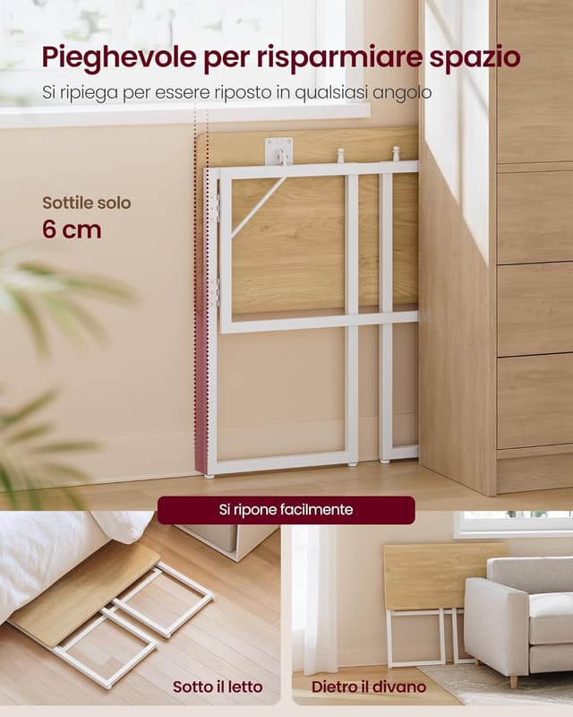 Thumbnail 3 de VASAGLE scrivania pieghevole LWD151YD01 da 80 x 40 cm in rovere naturale, piano unico e angoli arrotondati