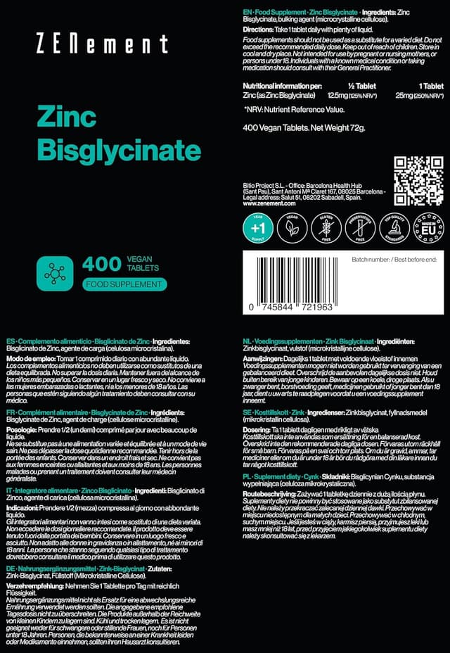 Detalle 2 de Zenement Zinc Bisglycinat 400 Vegan Tabletten