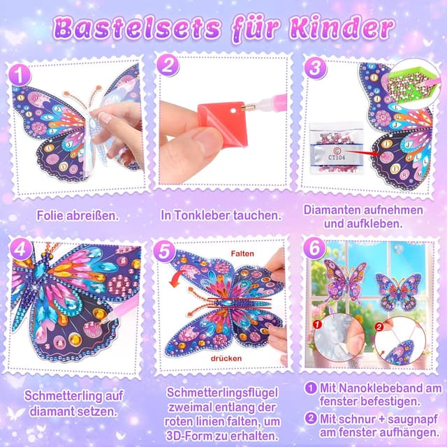 Detalle de DIY Diamond Painting Bastelset für Mädchen (ab 6 Jahren) – Schmetterling als Window-Color/ Sonnenfänger