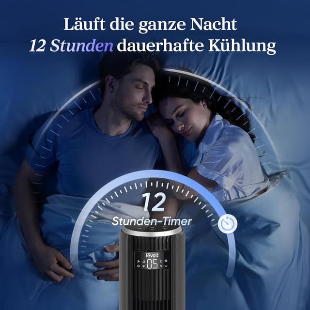 Detalle de Levoit leiser Turmventilator mit Kühlung, Oszillation & Fernbedienung – Schlafmodus, Timer (12 Std.) und 5 Stufen