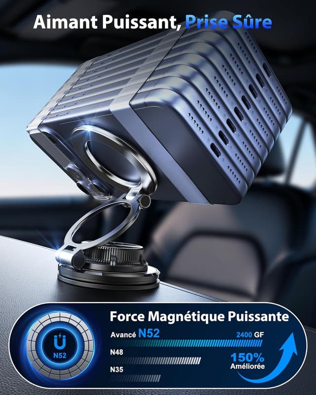 Detalle 2 de Glangeh Tout Métal support téléphone voiture magnétique pour MagSafe (aimant 2400GF + ventouse gel)