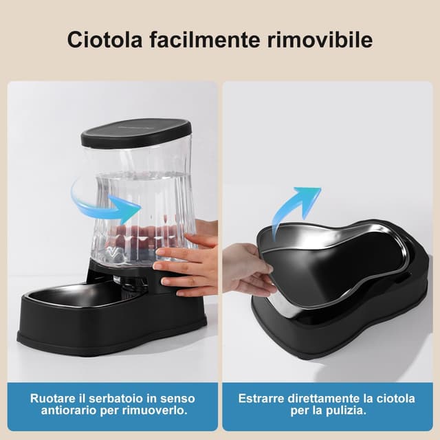 Detalle de Gardner Pet Dispenser Acqua 3,85 L con ciotola in acciaio inox e filtro, gravità senza elettricità (nero)