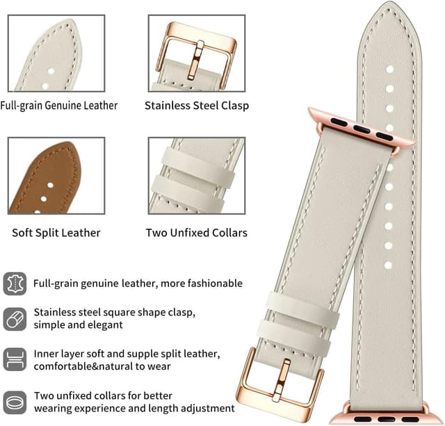 Detalle de QAZNZ Leather Straps for Apple Watch (38/40mm, 41/42mm) — replacement leather band for Series 9–1 & SE