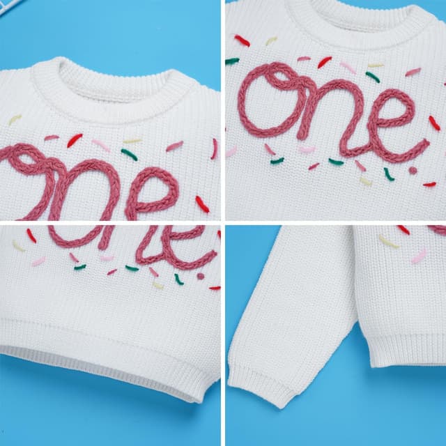 Detalle 2 de EFOGEP unisex first birthday knitted sweater top with “One” embroidery detail