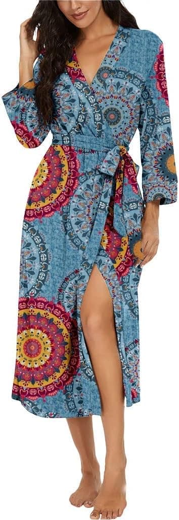 Detalle de PrinStory Damen-Bademantel mit 3/4-Ärmeln, V-Ausschnitt & Kimono-Schnitt (leichter Morgenmantel)