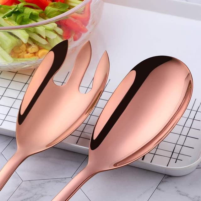 Detalle de BISDARUN salad spoon and fork set (stainless steel), rose gold serving spoons for large servings