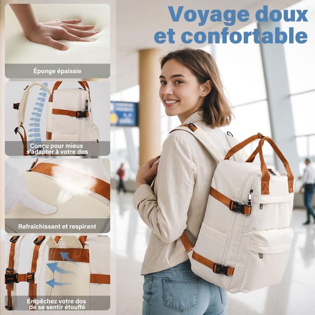 Detalle de COOLIFE Sac de cabine et sac à dos de voyage 40×20×25 cm (format cabine) avec poches et emplacement ordinateur 13,3 pouces