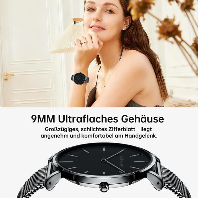 Detalle de LIGE Damen-Armbanduhr Analog Quarz Ultra-Flach (41 mm) mit Edelstahl-Meshband