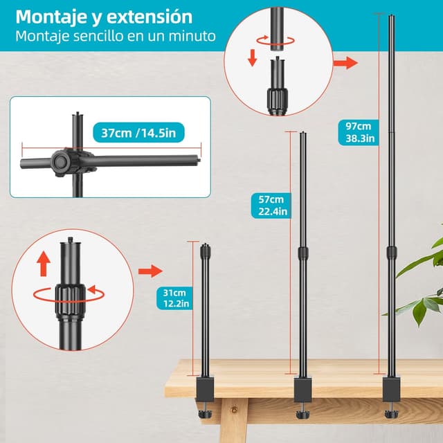 Detalle 2 de JEBUTU OS02 Kamera-Tischstativ Overhead mit flexiblem Arm, C-Klemme und 1/4" Kugelkopf (31–57 cm)