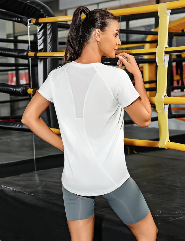 Detalle de Wayleb Damen Sportshirt Kurzarm mit V-Ausschnitt und Mesh-Rücken – leichtes Funktionsshirt fürs Training