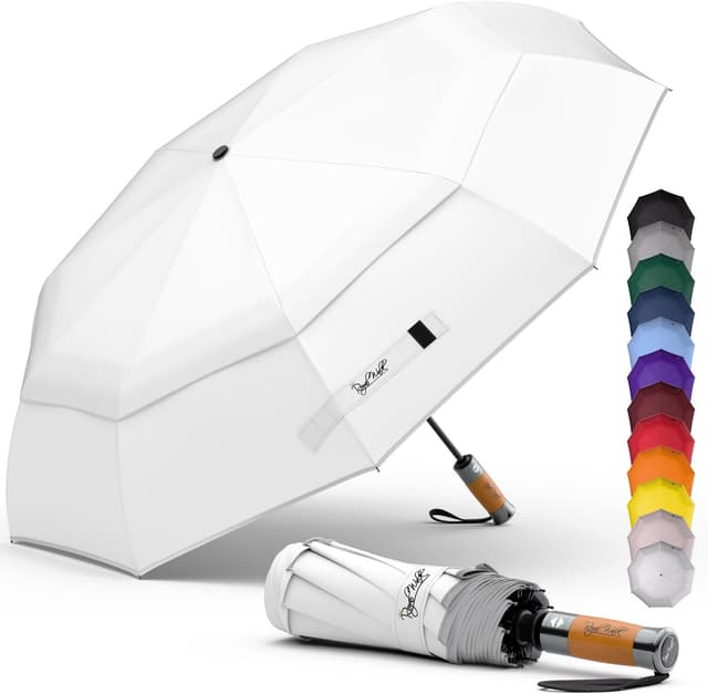 Detalle de Royal Walk windproof folding travel umbrella with automatic open/close and genuine real wood handle (White)