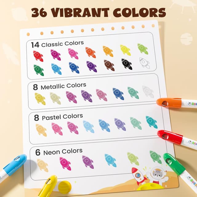 Detalle de JUPITEARTH 36 Farben Wachsmalstifte für Kinder – Raketen-Malstifte mit 120 PDF-Malvorlagen