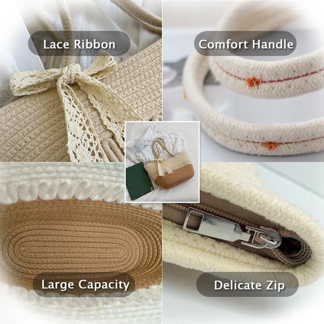 Detalle de Pahajim women’s woven tote bag – cotton crochet shoulder bag with zip closure (38 x 24 x 9 cm)