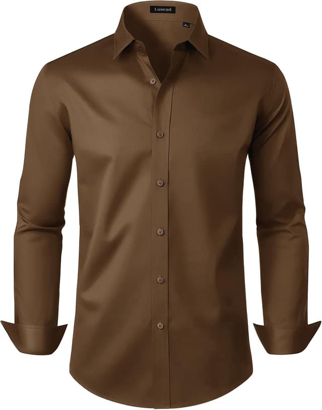 Thumbnail 6 de Lusead Men's Long Sleeve Wrinkle-Free Stretch Dress Shirt (Cotton, Solid Button-Down)