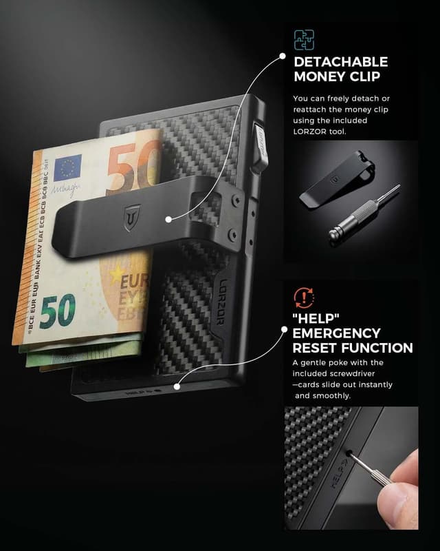 Detalle 2 de LORZOR Minimalist Slim Wallet in Military-Grade Carbon Fibre with RFID Blocking (7 cards)