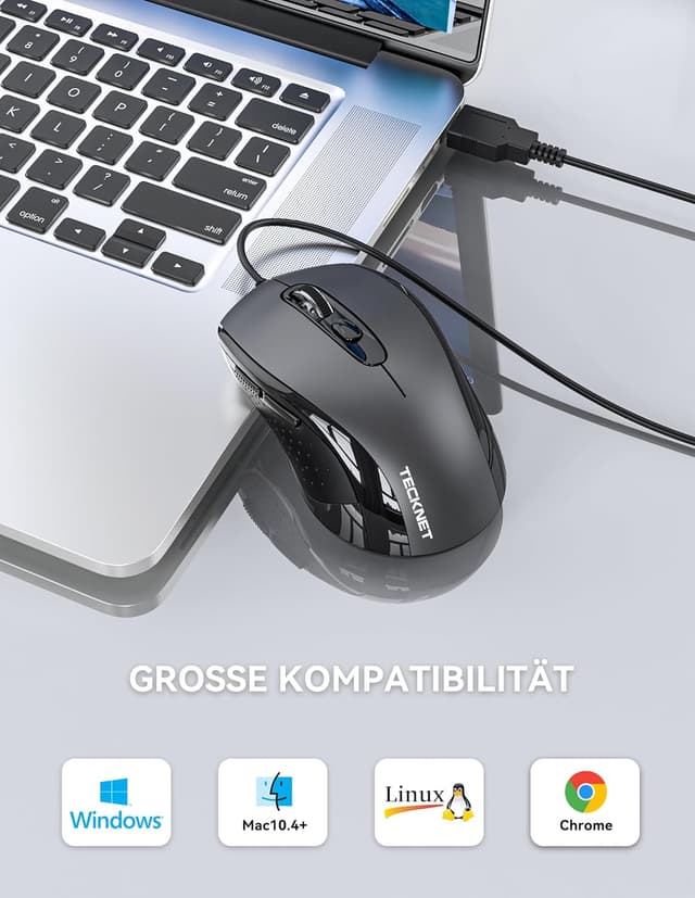 Detalle de TECKNET Maus mit Kabel (6400 DPI) – ergonomische Business-Optik mit 6 Tasten, 4 DPI-Level und USB-Plug&Play (Grau)