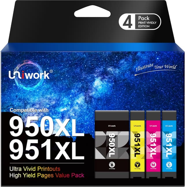 Detalle de Uniwork compatible ink cartridges (4-pack) for HP 950XL/951XL — black, cyan, magenta & yellow