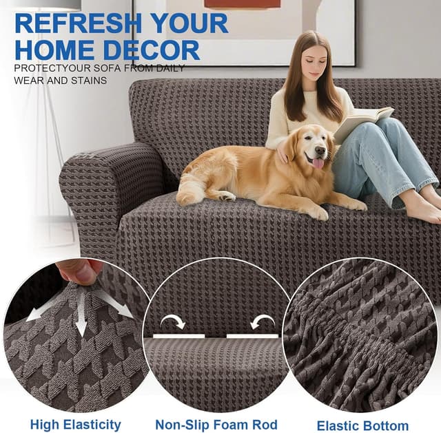 Detalle de YSTELLAA Copridivano 3 posti con braccioli anti-graffio, antiscivolo e antimacchia marrone