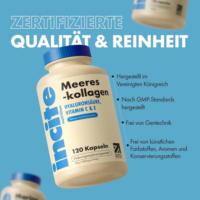 Detalle de Incite Nutrition Meereskollagen Typ 1 hydrolysiert mit Vitaminen C, E, B12, Kupfer, Zink & Jod – 1.200 mg, 120 Stück