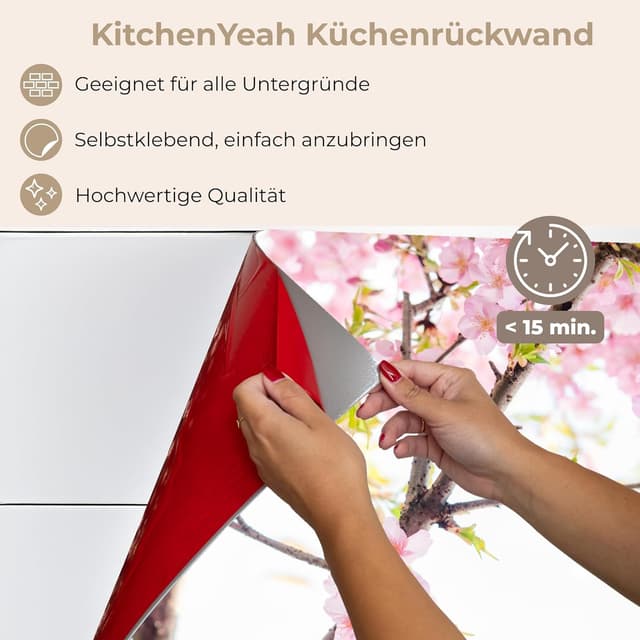 Detalle de KitchenYeah© Spritzschutz Küche 80x80 cm – selbstklebende Küchenrückwand mit Glasoptik-Design (Kirschblüte, rosa)
