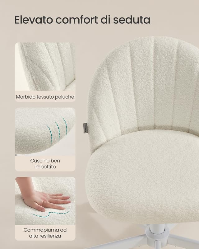 Detalle de SONGMICS OBG027WD01 sedia da ufficio in tessuto peluche regolabile in altezza (bianco crema)